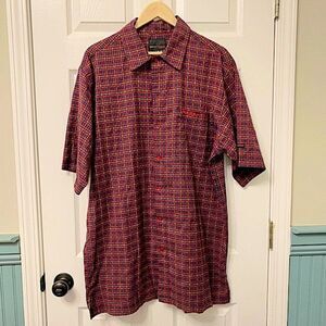 Vintage Fubu Collection Plaid Red Blue Button Down Short Sleeve Shirt Size XL